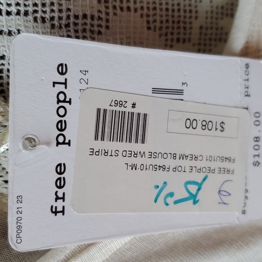 Free People creme blouse  red needlework stripe Lace inset Hi Lo Size medium NWT - Picture 4 of 14